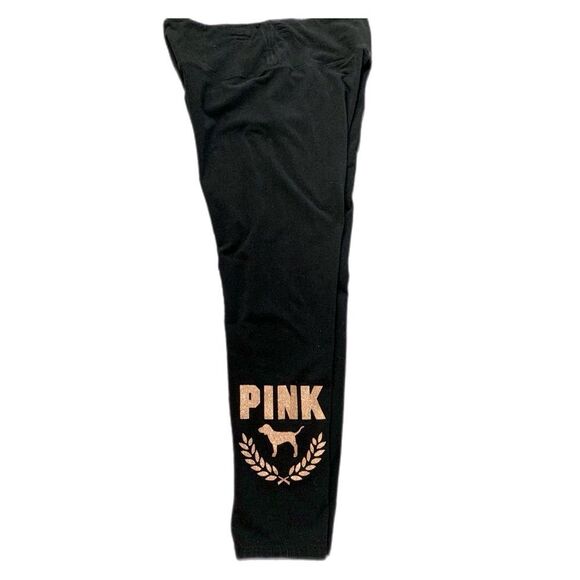 VICTORIAS SECRET PINK Leggings Women’s XL Black Gold Glitter Bling Campus Dog. - Picture 1 of 16